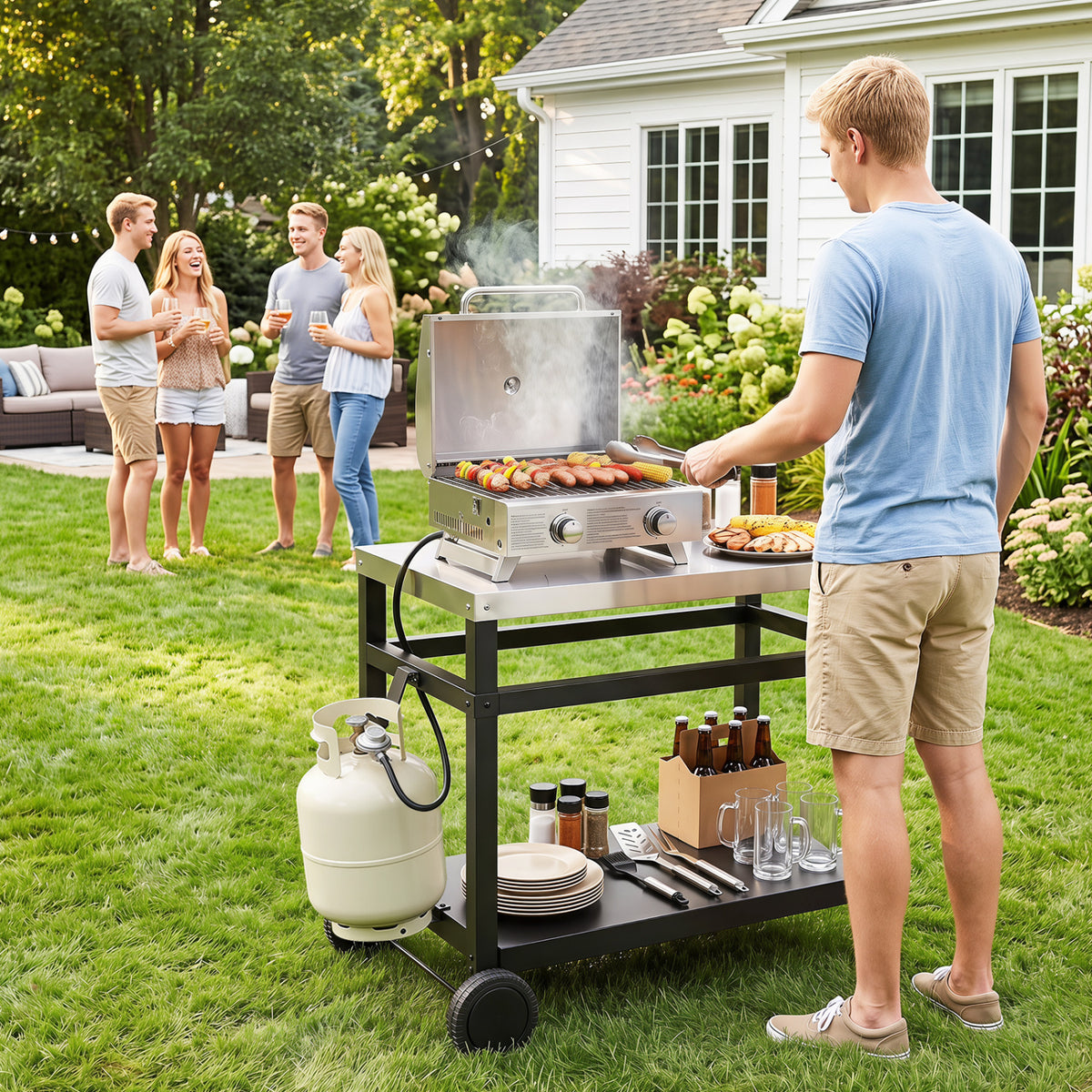 34" x 20" Double-Shelf Grill Table with Steel Top-Black
