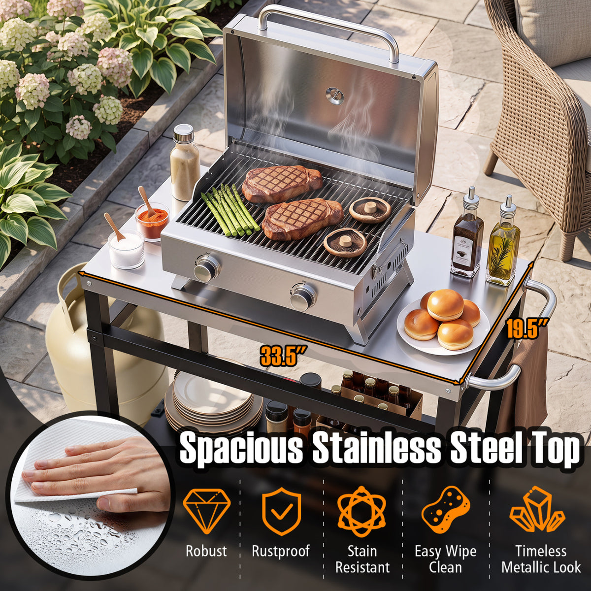 34" x 20" Double-Shelf Grill Table with Steel Top-Black