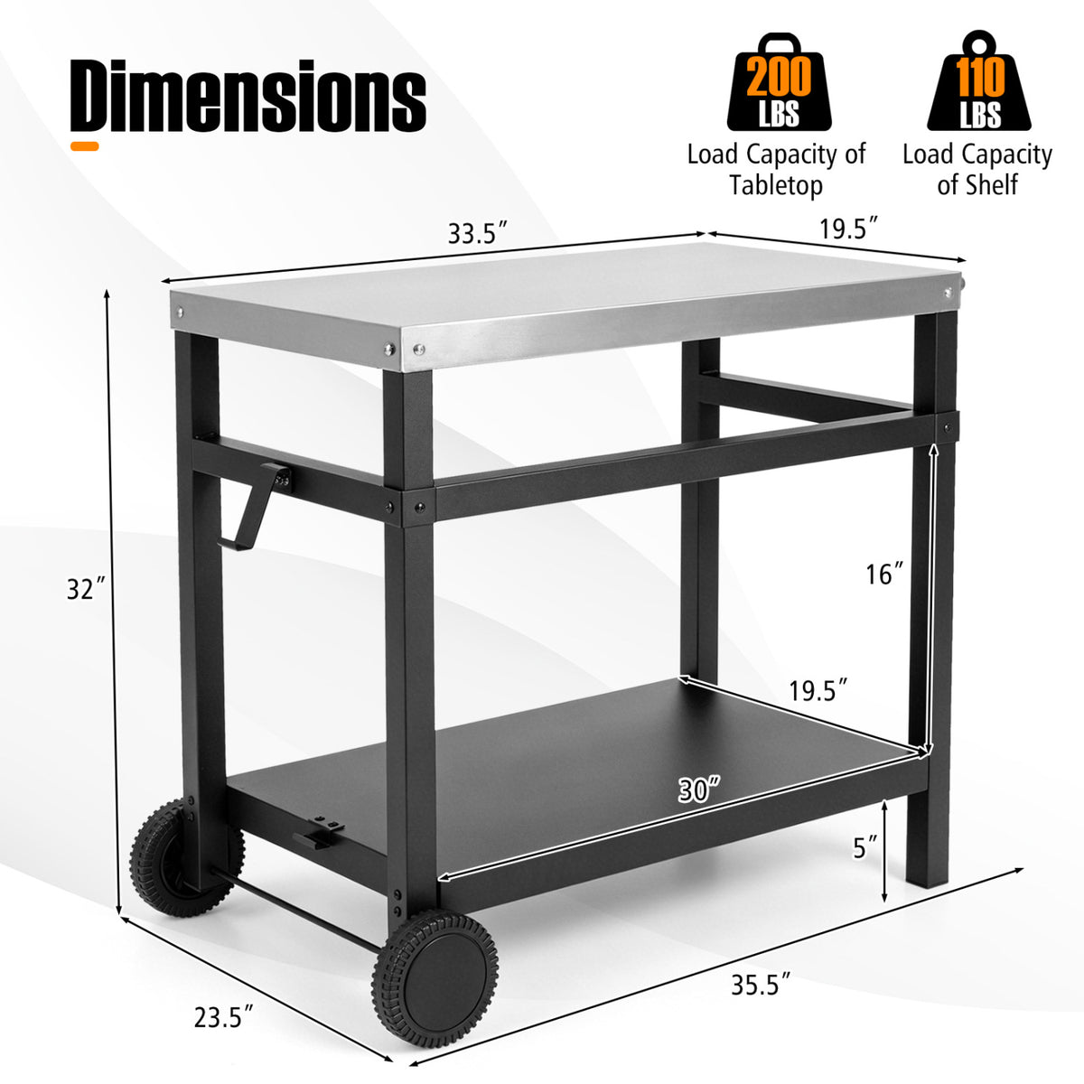 34" x 20" Double-Shelf Grill Table with Steel Top-Black