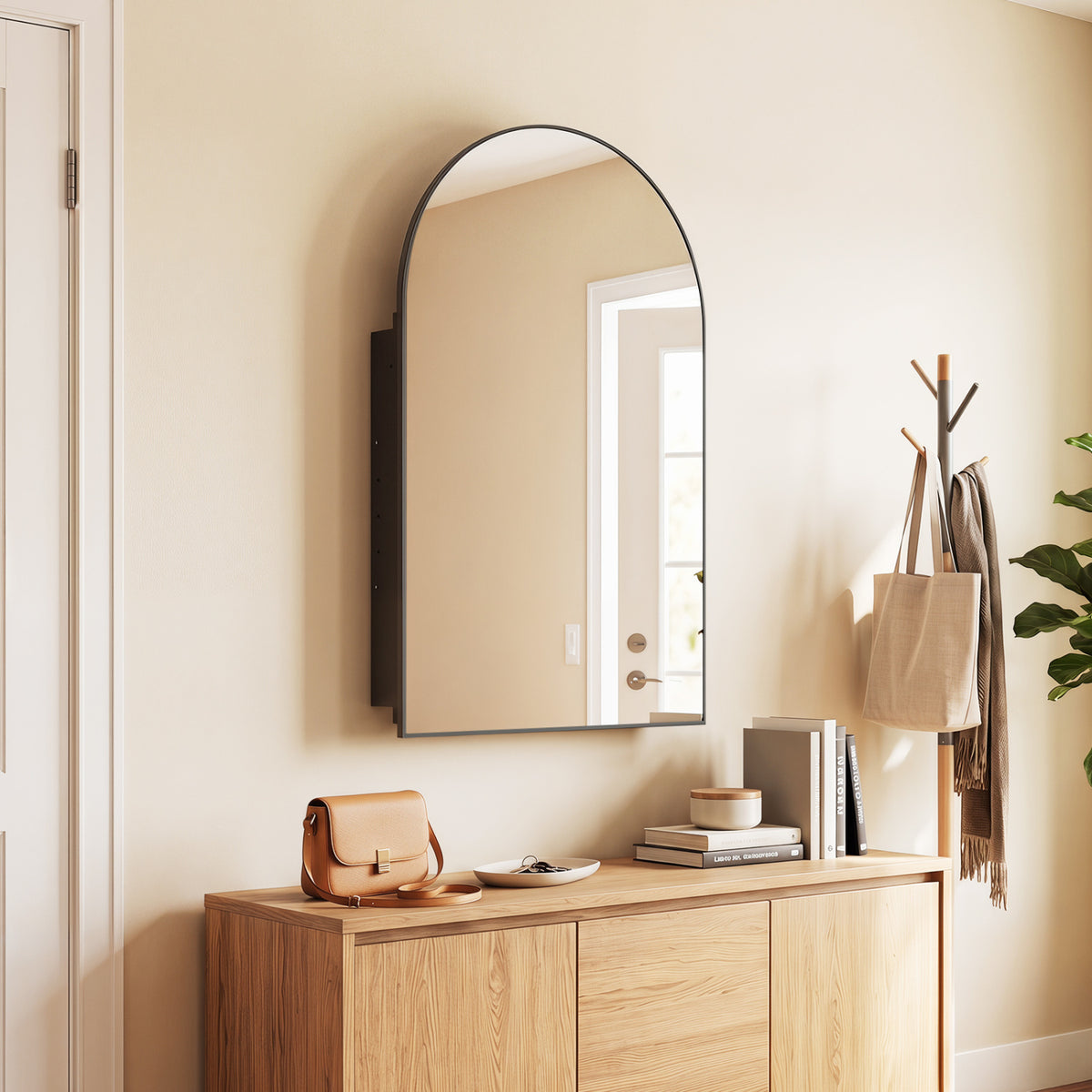 34" x 22" Brushed Metal Wall-Mounted Storage Cabinet with Arched Mirror and Adjustable Shelves-Black