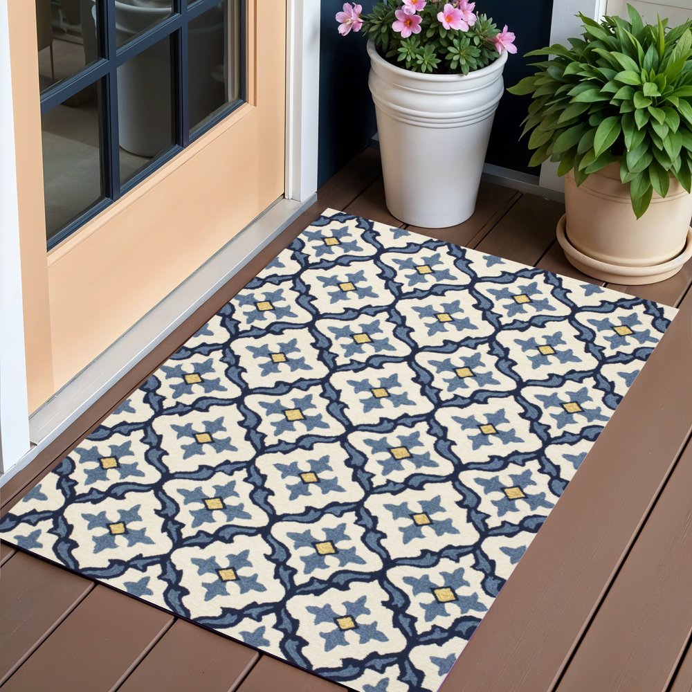 2' X 3' Ivory and Blue Moroccan Handmade Indoor Outdoor Area Rug