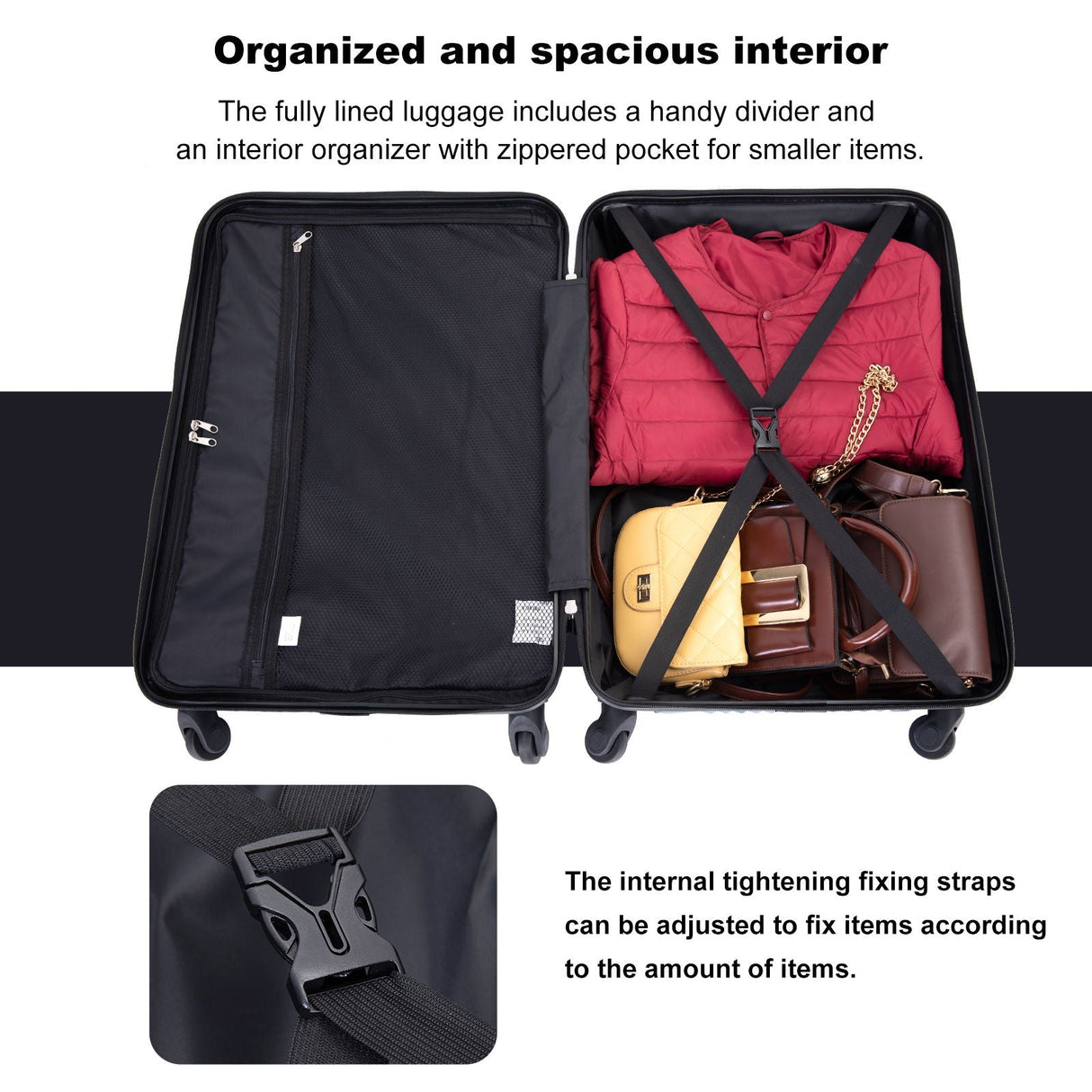 The open suitcase reveals an organized interior: a zippered mesh pocket on the left and clothes with accessories secured by adjustable straps on the right. An inset shows a strap buckle close-up. Text describes features of the 3 Piece Luggage Set, Lightweight with Spinner Wheels and Two Hooks.