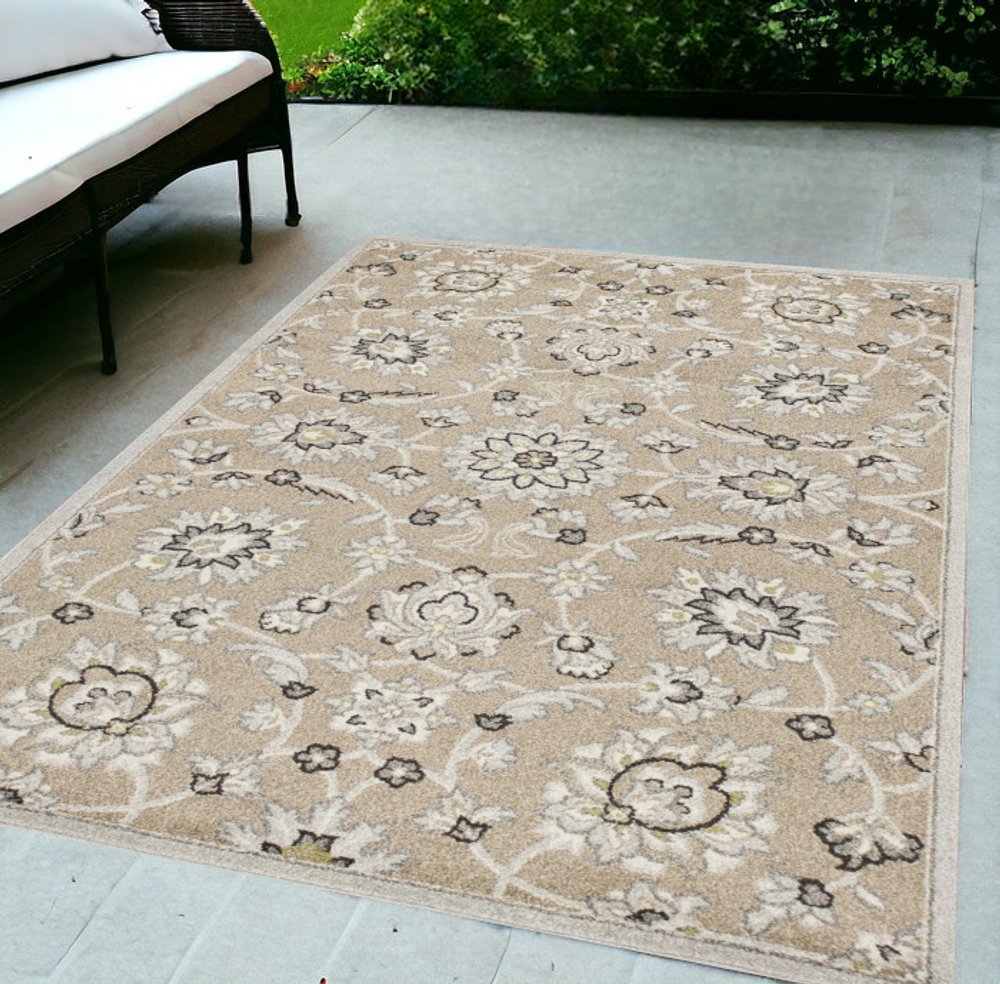 5' X 8' Gray And Ivory Floral Indoor Outdoor Area Rug