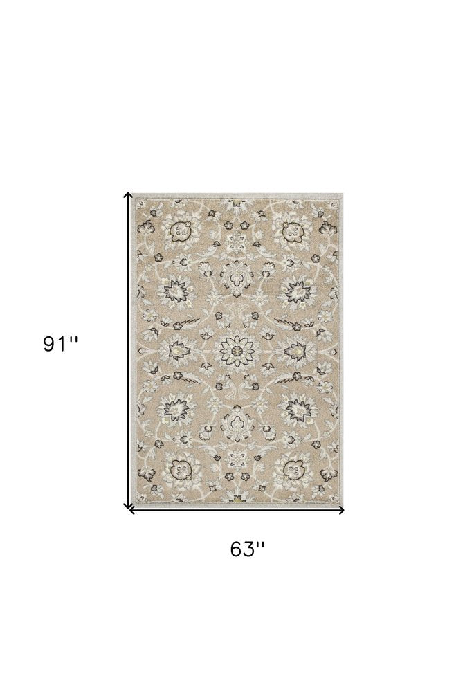 5' X 8' Gray And Ivory Floral Indoor Outdoor Area Rug