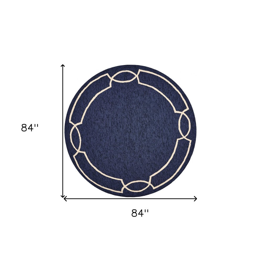 7' Blue And Ivory Round Geometric Handmade Indoor Outdoor Area Rug