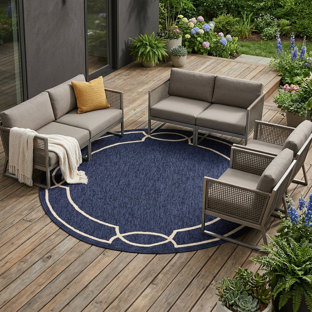7' Blue And Ivory Round Geometric Handmade Indoor Outdoor Area Rug
