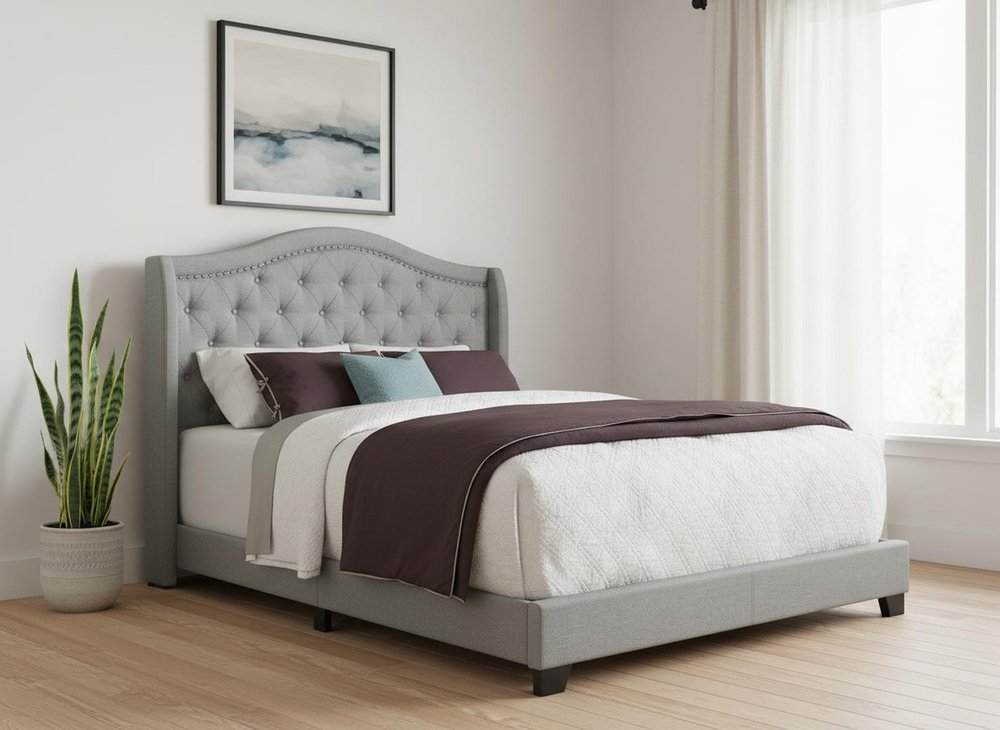 Solid Wood Queen Tufted Gray Upholstered Linen Bed With Nailhead Trim