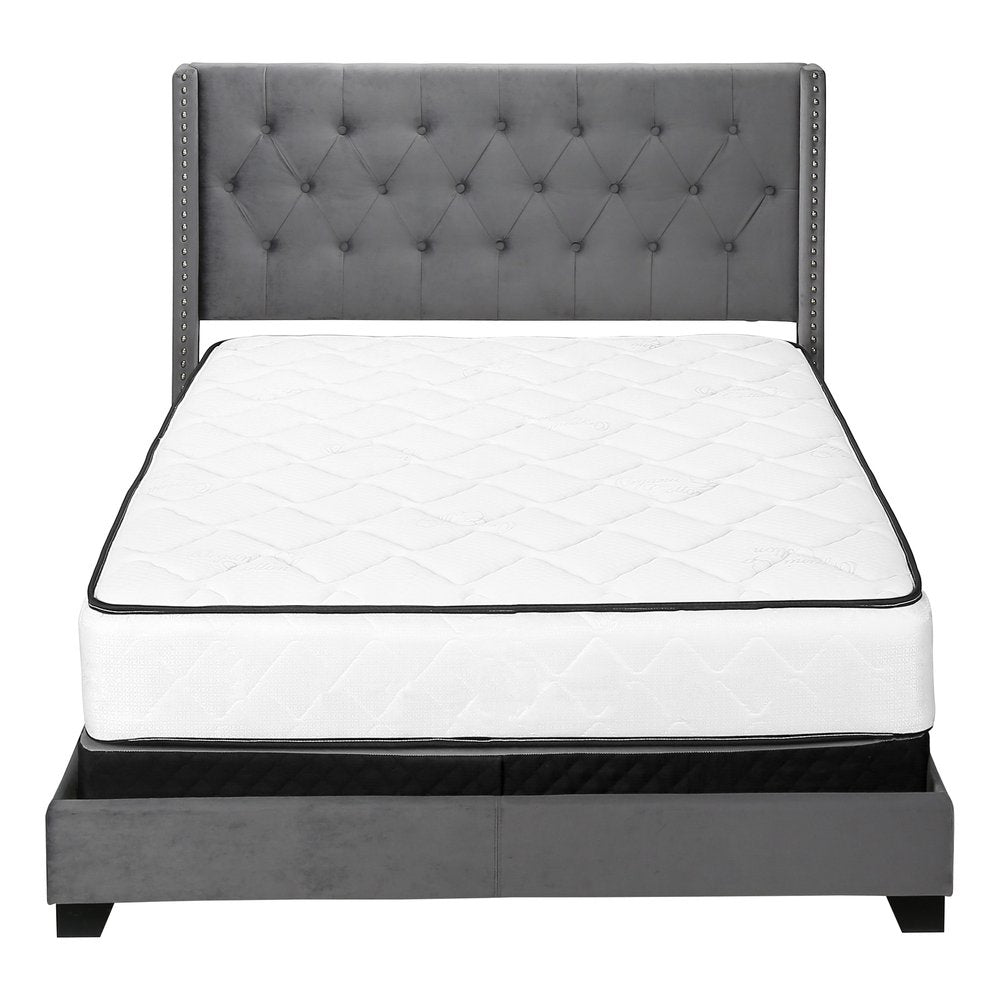 Solid Wood Queen Tufted Gray Upholstered Velvet Bed With Nailhead Trim