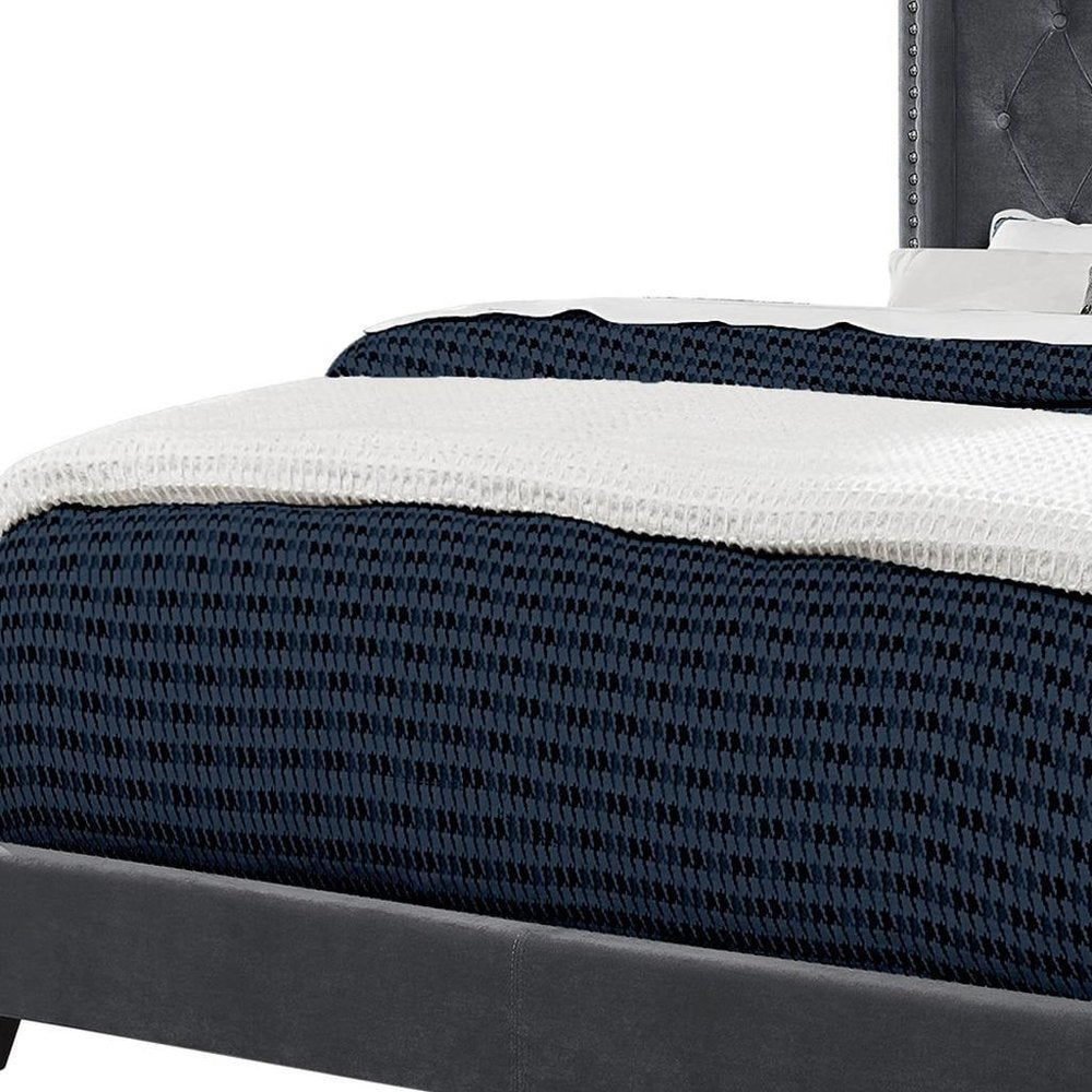 Black And Dark Gray Upholstered Queen Bed Frame With Nailhead Trim