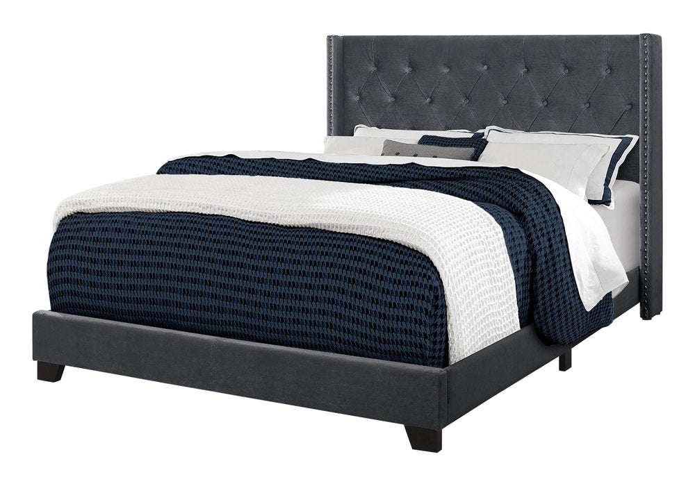 Black And Dark Gray Upholstered Queen Bed Frame With Nailhead Trim