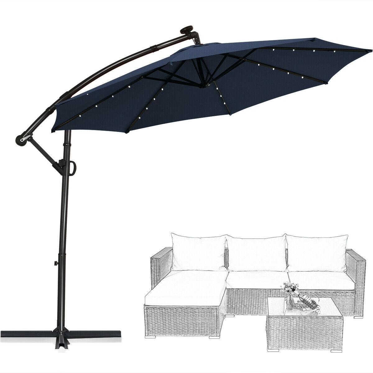 10 ft 360 ° Rotation Solar Powered LED Patio Offset Umbrella without Weight Base-Beige