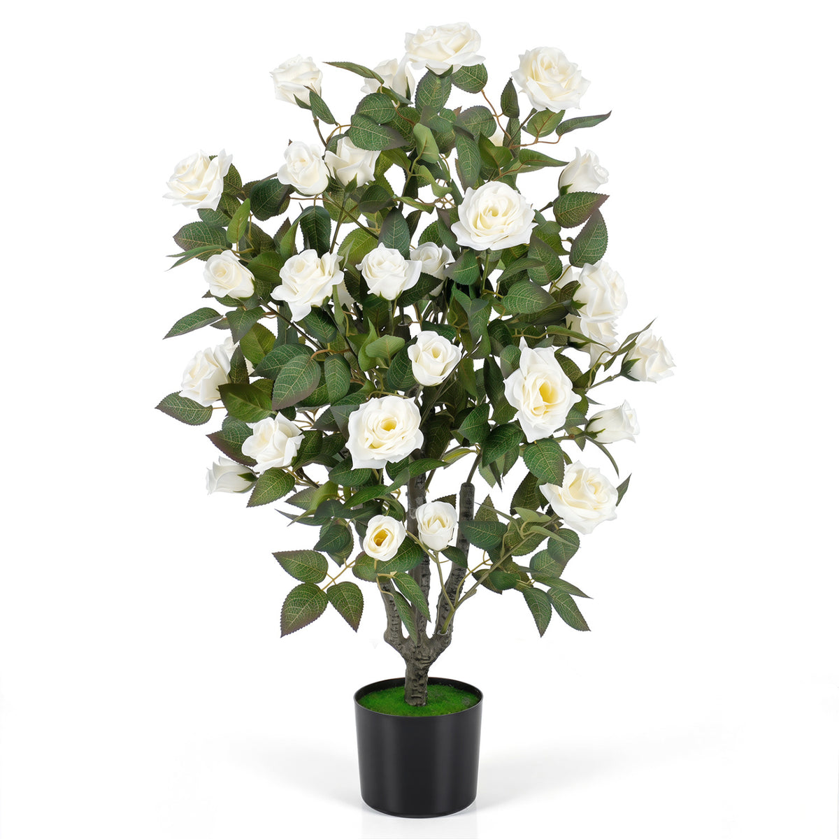 35.5" Artificial Rose Tree with Blooming Flowers and Green Leaves for Indoor-White