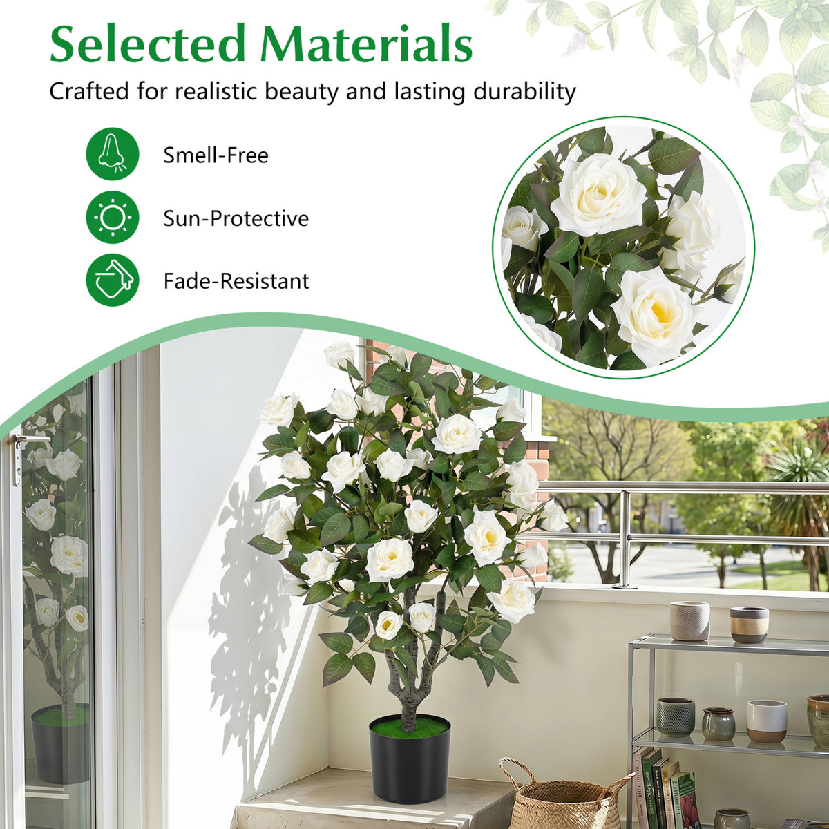 35.5" Artificial Rose Tree with Blooming Flowers and Green Leaves for Indoor-White