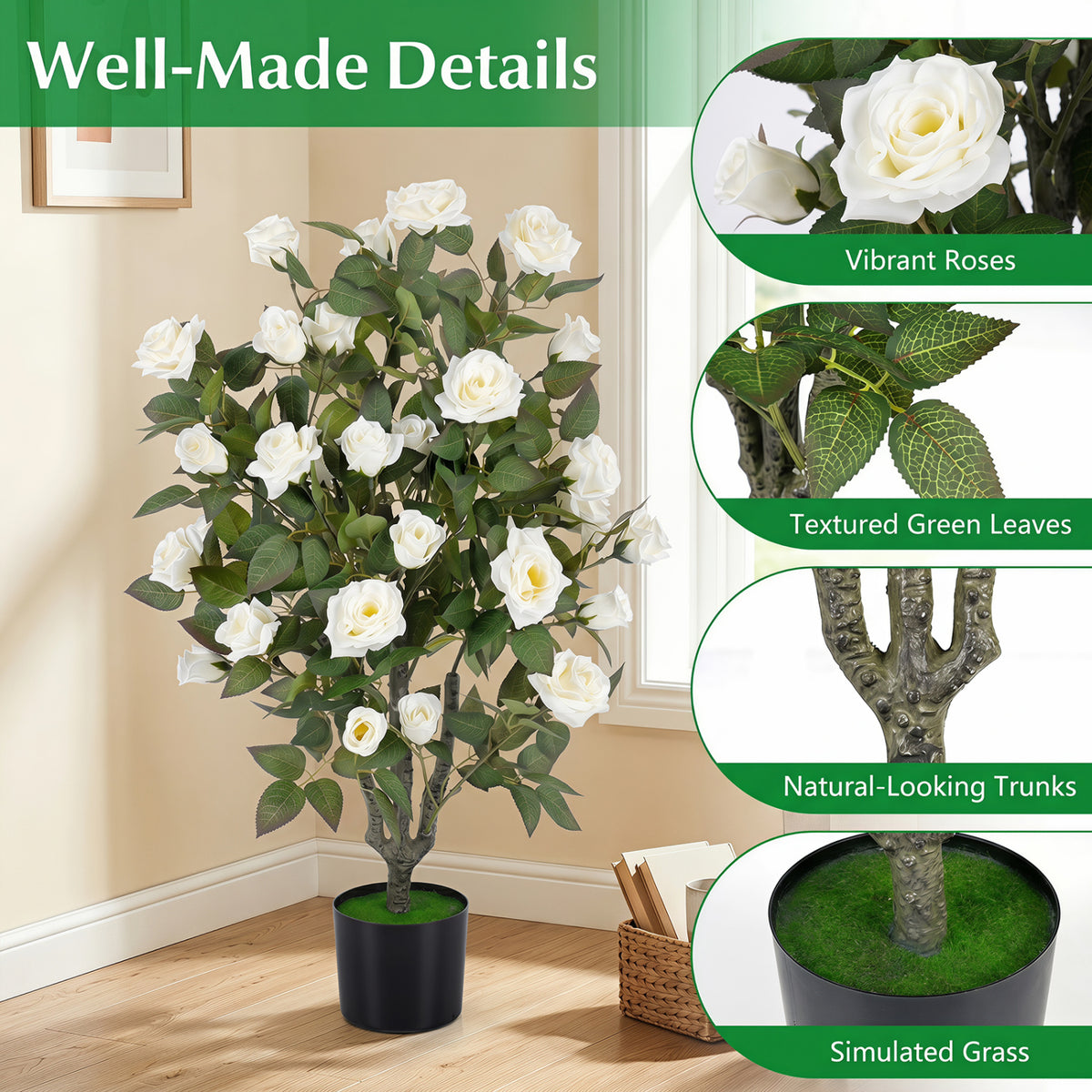 35.5" Artificial Rose Tree with Blooming Flowers and Green Leaves for Indoor-White