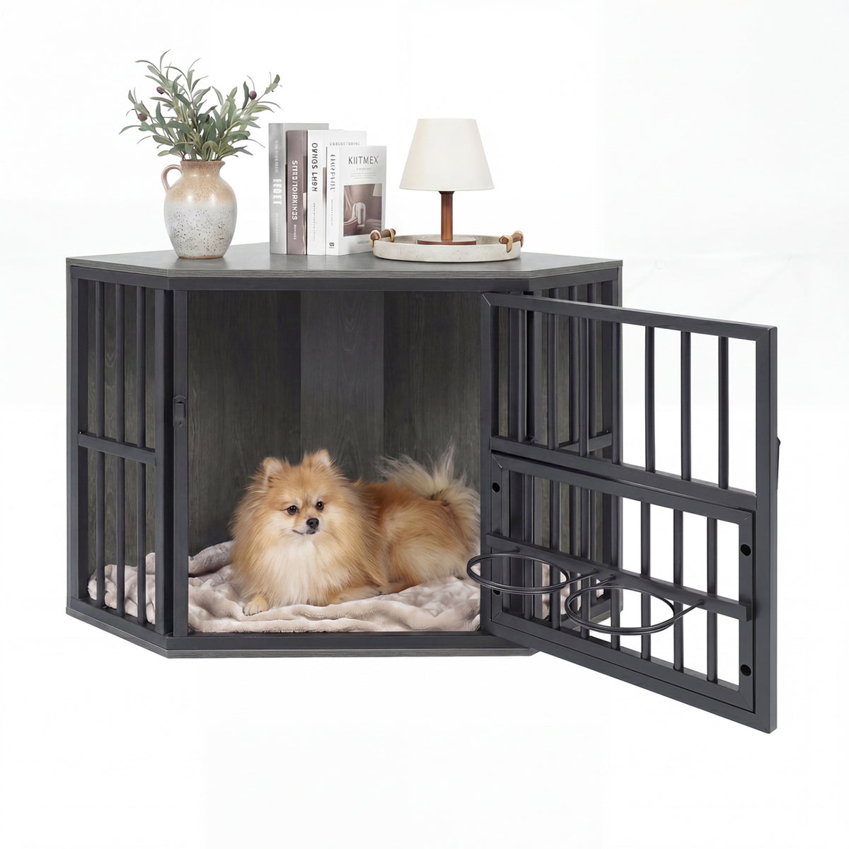35.5 inches Wooden Dog Kennel End Table with 3-Position Dog Bowl Rack-Oak