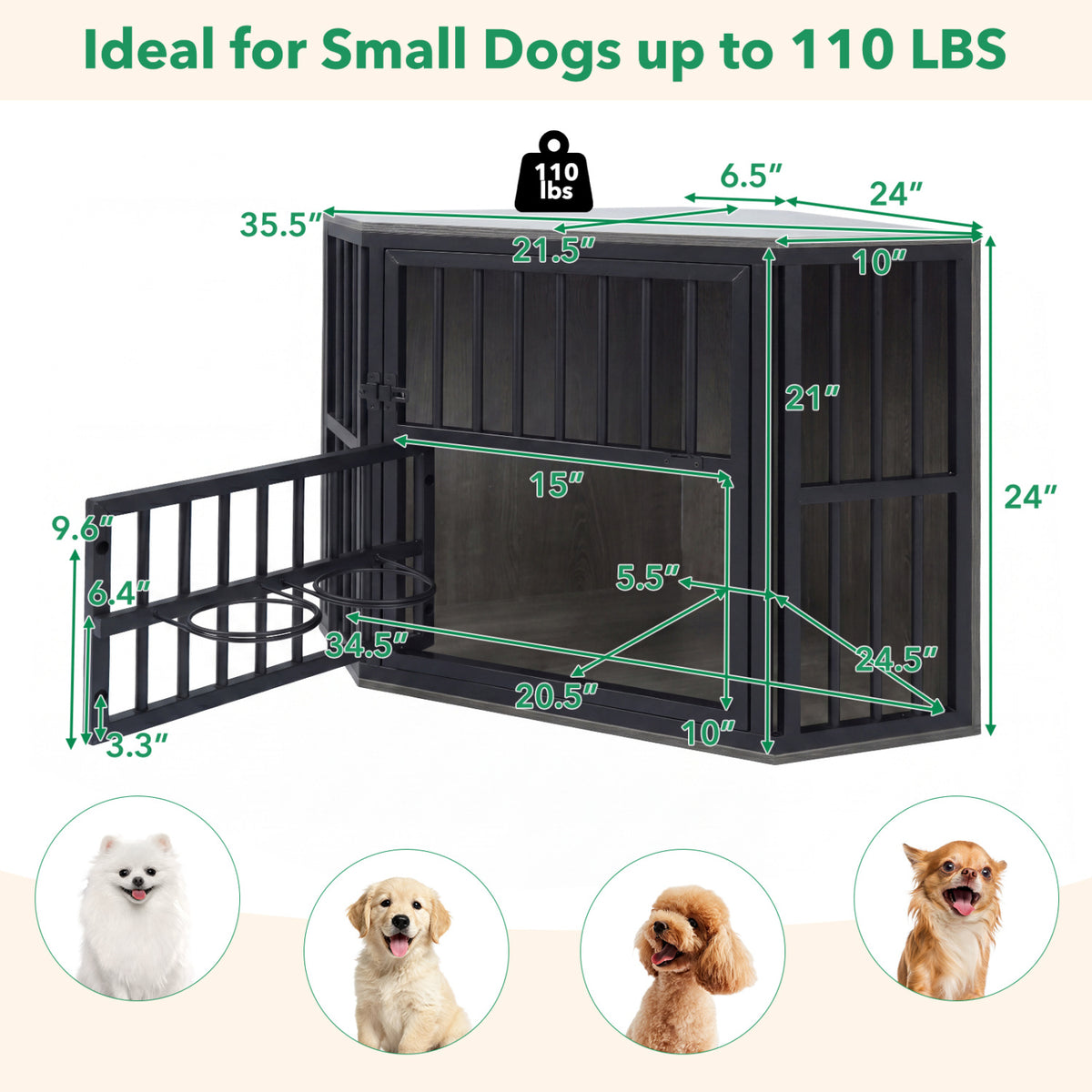 35.5 inches Wooden Dog Kennel End Table with 3-Position Dog Bowl Rack-Oak