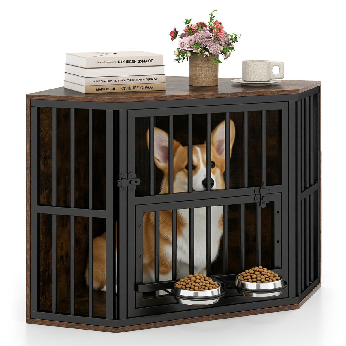 35.5 inches Wooden Dog Kennel End Table with 3-Position Dog Bowl Rack-Rustic Brown