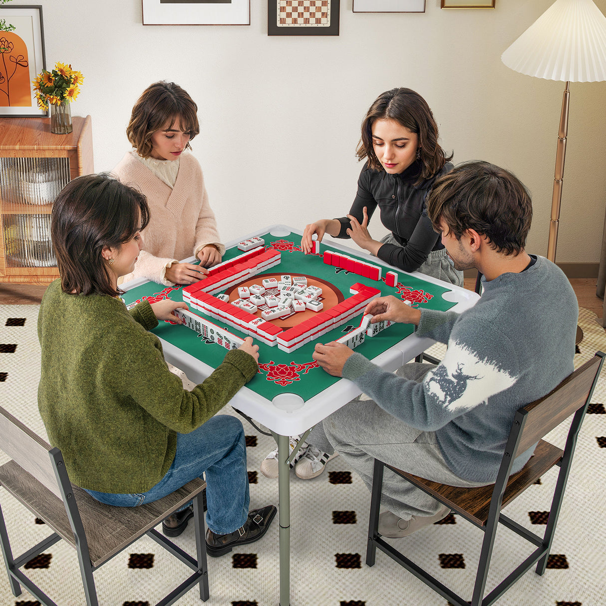 35 Inch 4 Player Game Card Folding Mahjong Table with Cup Holders-Light Green