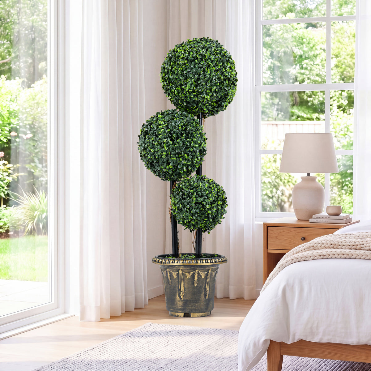 35 Inches Artificial Boxwood Topiary Tree Triple Ball Shrubs