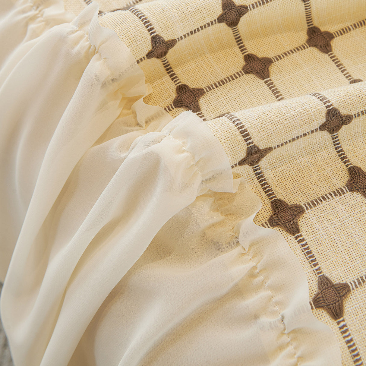 Grid Textured Sofa Cover with Sheer Ruffle Skirt, Pet-Friendly Sofa Throw Slipcover