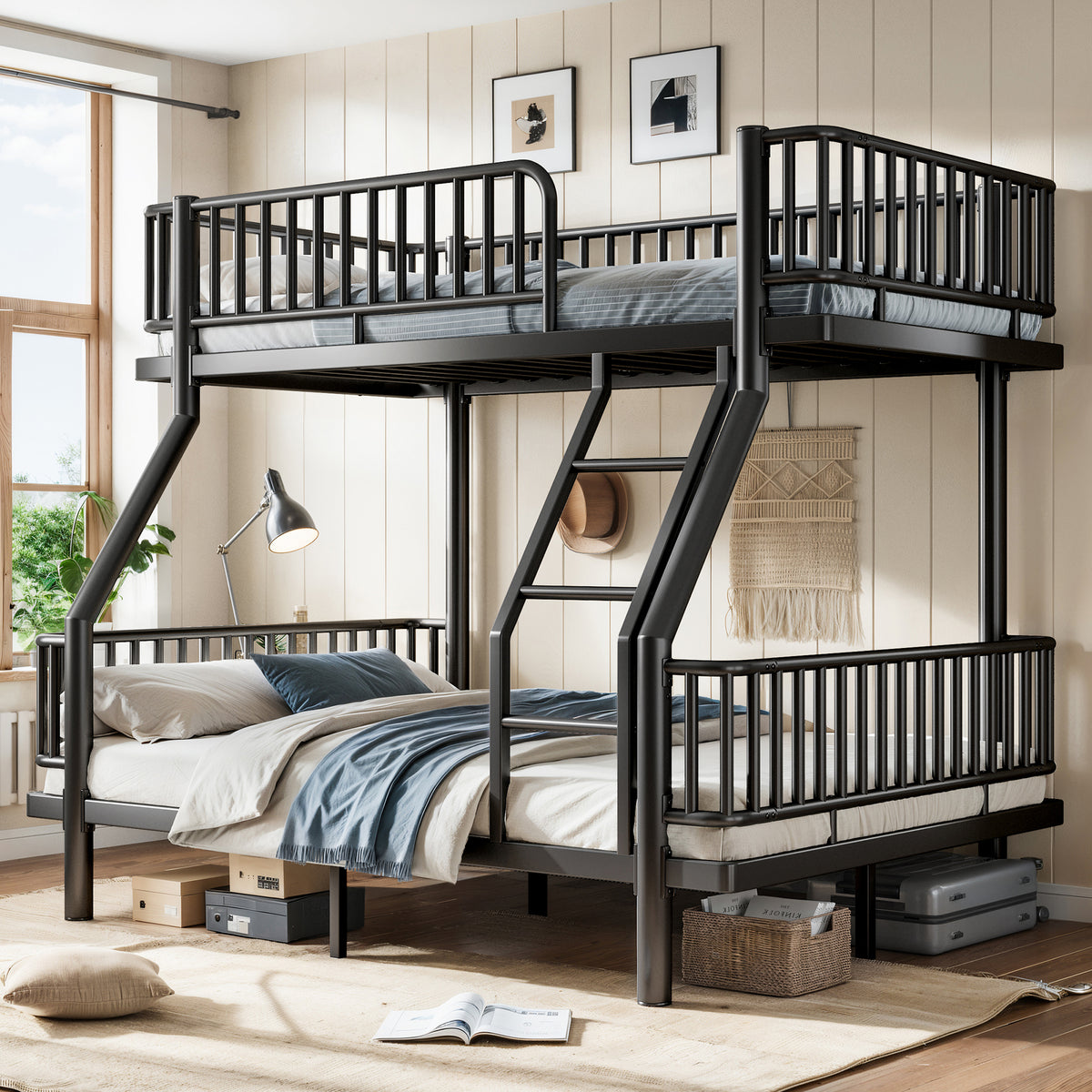Twin over Full Bunk Bed featuring Ladders & Guardrails, Metal Bunk Bed Frame with Upgraded Safety Round-Pipe Design, Black