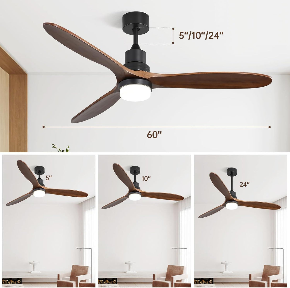 Ceiling Fan With Lights 3 Solid Wood Fan Blade Noiseless Reversible Motor Remote Control - Black by Couch.com