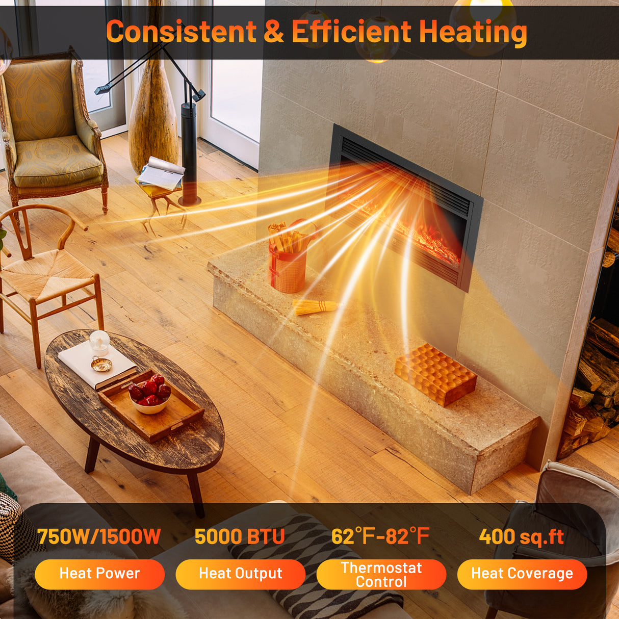 33/36-Inch Electric Fireplace Insert 750W/1500W Recessed Fireplace Heater-1500W