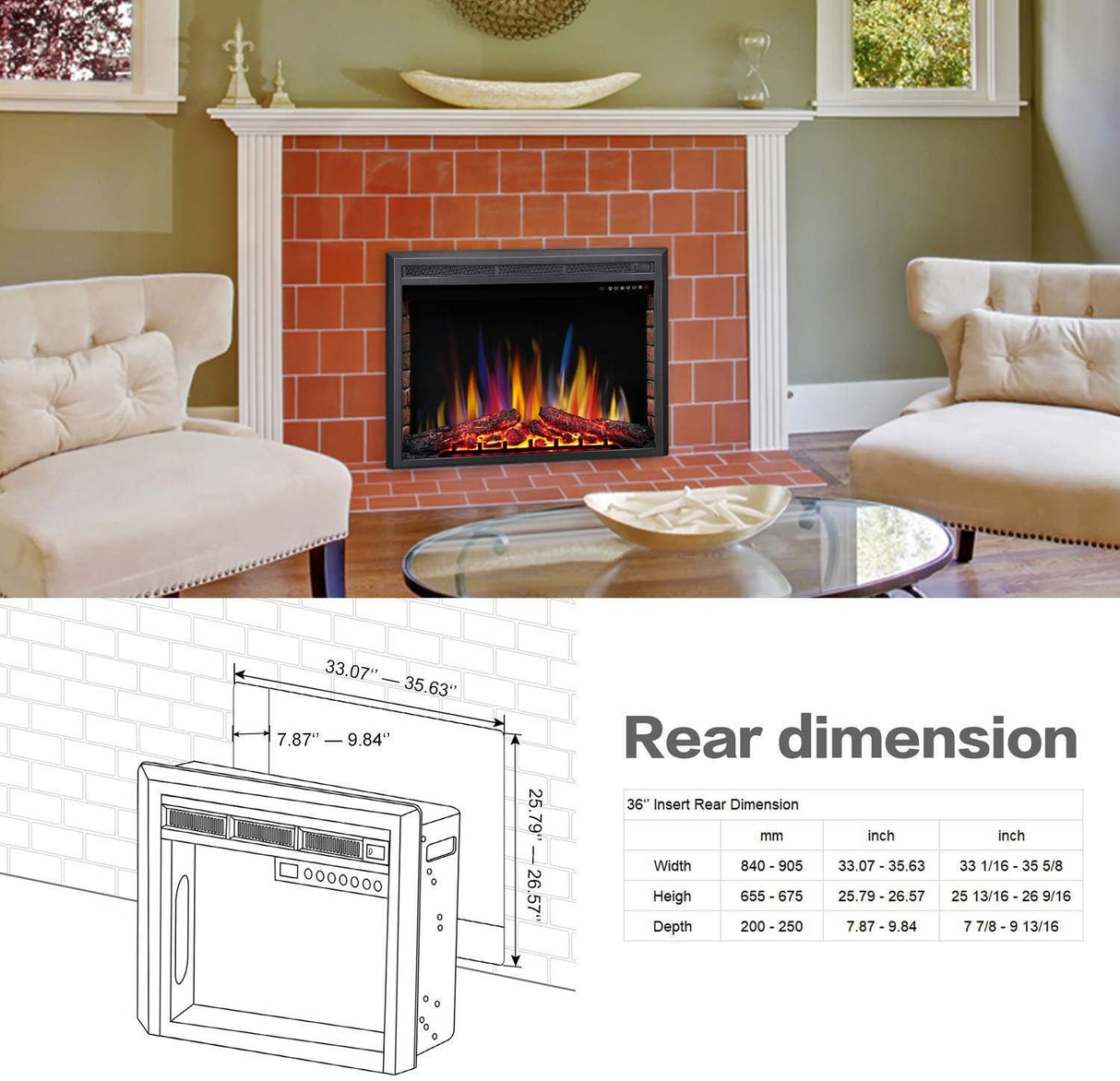 37 Inch Electric Fireplace Insert Adjuatble Flame Colors 939BXB
