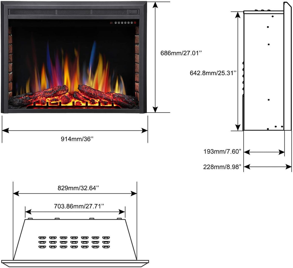 37 Inch Electric Fireplace Insert Adjuatble Flame Colors 939BXB