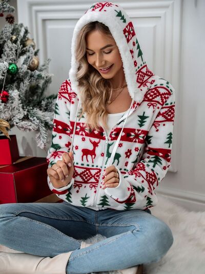 White Drawstring Christmas Element Zip-Up Hooded Jacket Winter Cute Stylish Holiday Outerwear For Her