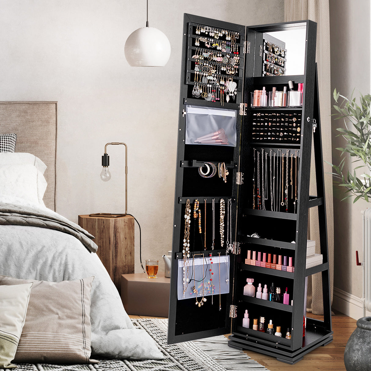 360 ° Rotatable 2-in-1 Lockable Jewelry Cabinet with Full-Length Mirror-Black