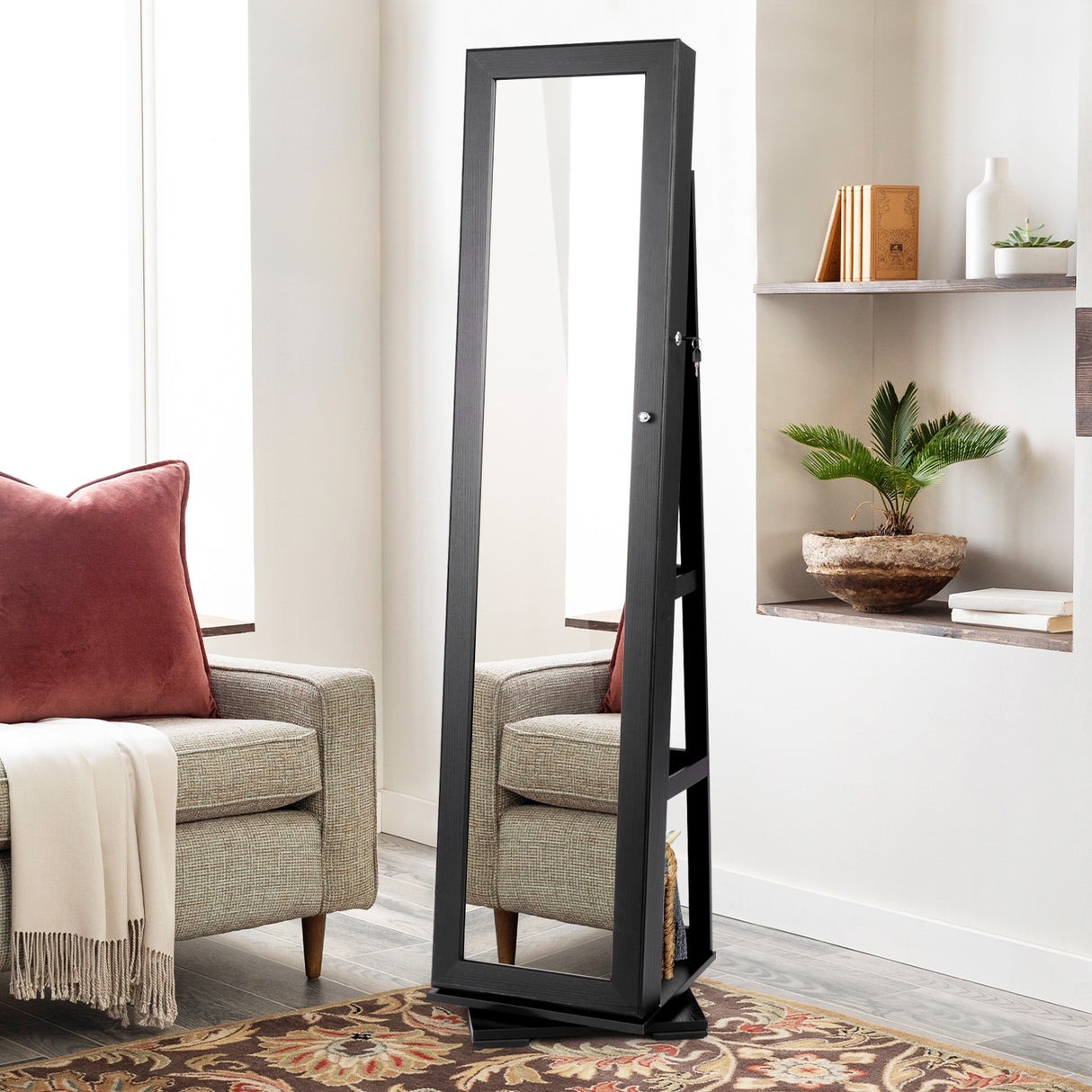 360 ° Rotatable 2-in-1 Lockable Jewelry Cabinet with Full-Length Mirror-Black
