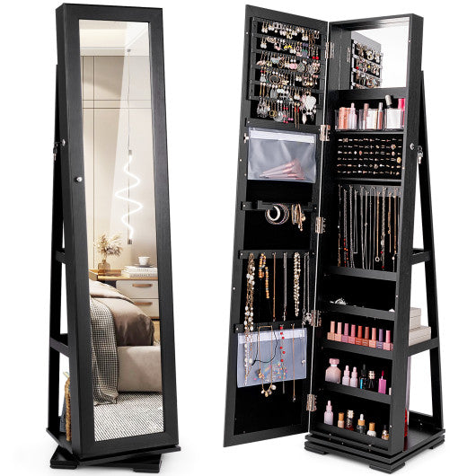 360 ° Rotatable 2-in-1 Lockable Jewelry Cabinet with Full-Length Mirror-Black