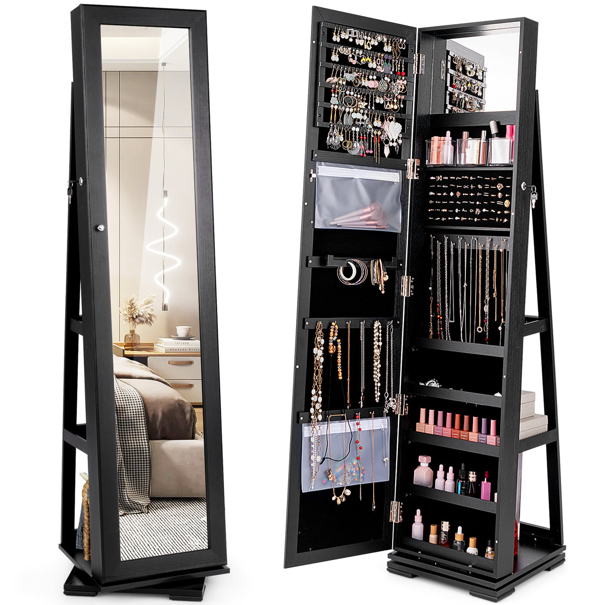 360 ° Rotatable 2-in-1 Lockable Jewelry Cabinet with Full-Length Mirror-Black