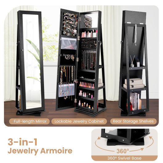 360 ° Rotatable 2-in-1 Lockable Jewelry Cabinet with Full-Length Mirror-Black