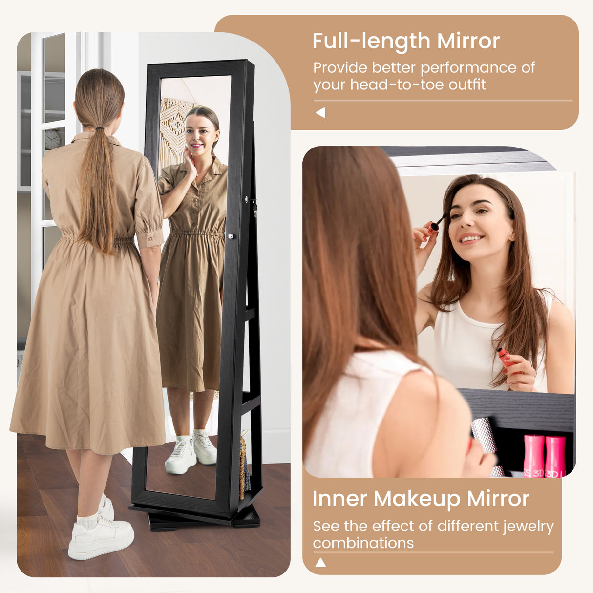 360 ° Rotatable 2-in-1 Lockable Jewelry Cabinet with Full-Length Mirror-Black