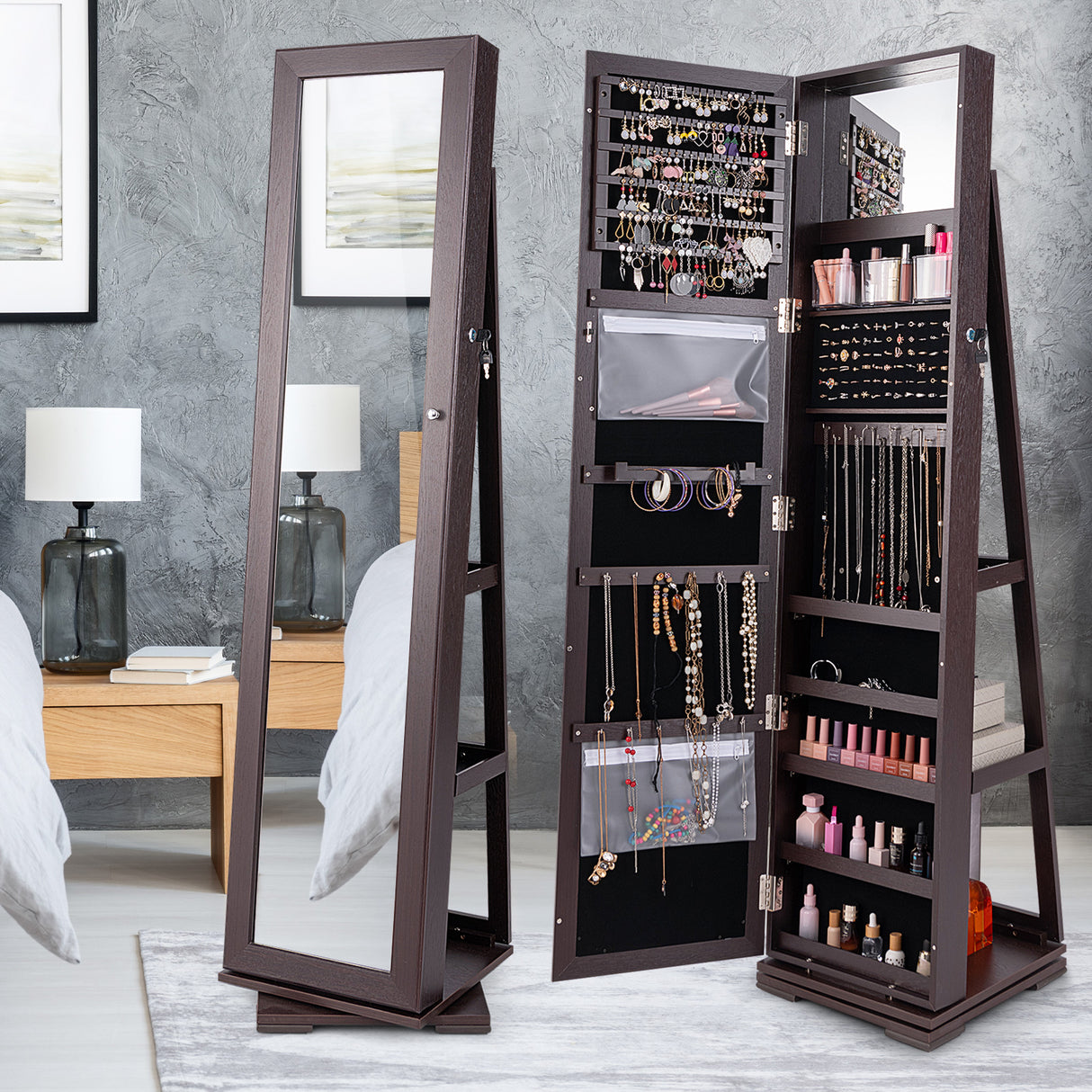 360 ° Rotatable 2-in-1 Lockable Jewelry Cabinet with Full-Length Mirror-Dark Brown