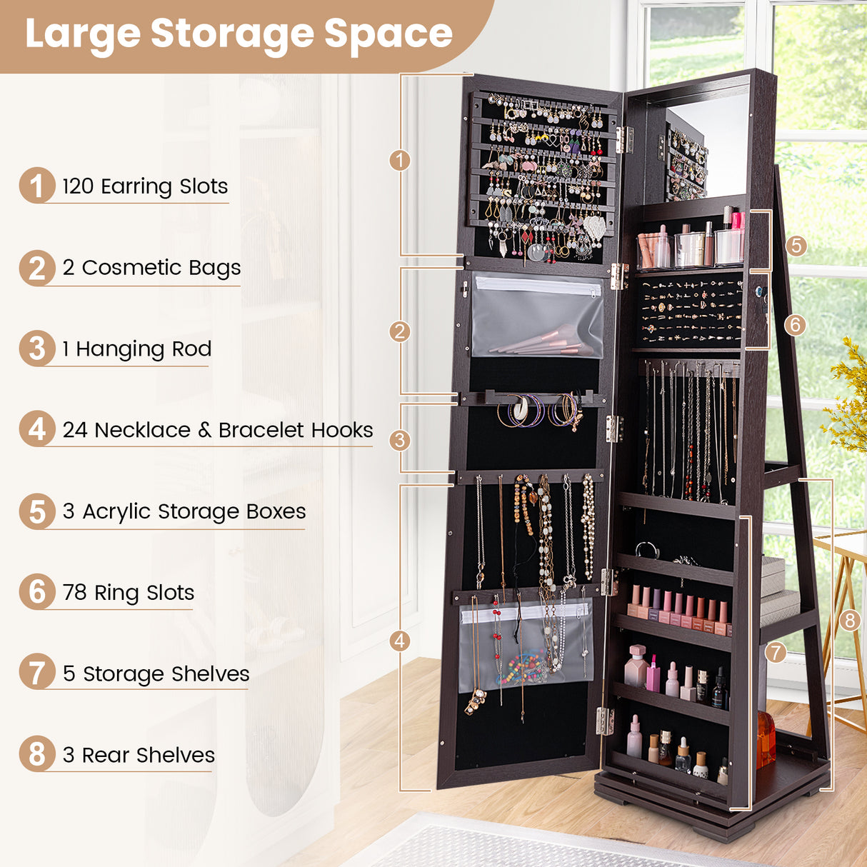 360 ° Rotatable 2-in-1 Lockable Jewelry Cabinet with Full-Length Mirror-Dark Brown