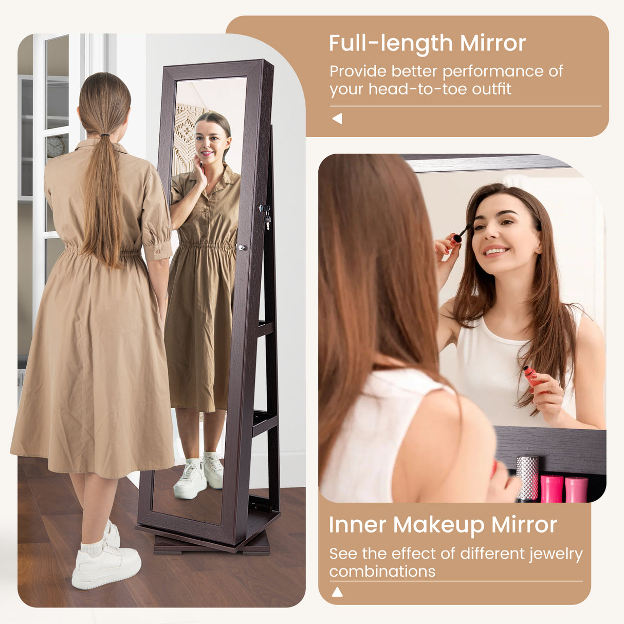 360 ° Rotatable 2-in-1 Lockable Jewelry Cabinet with Full-Length Mirror-Dark Brown