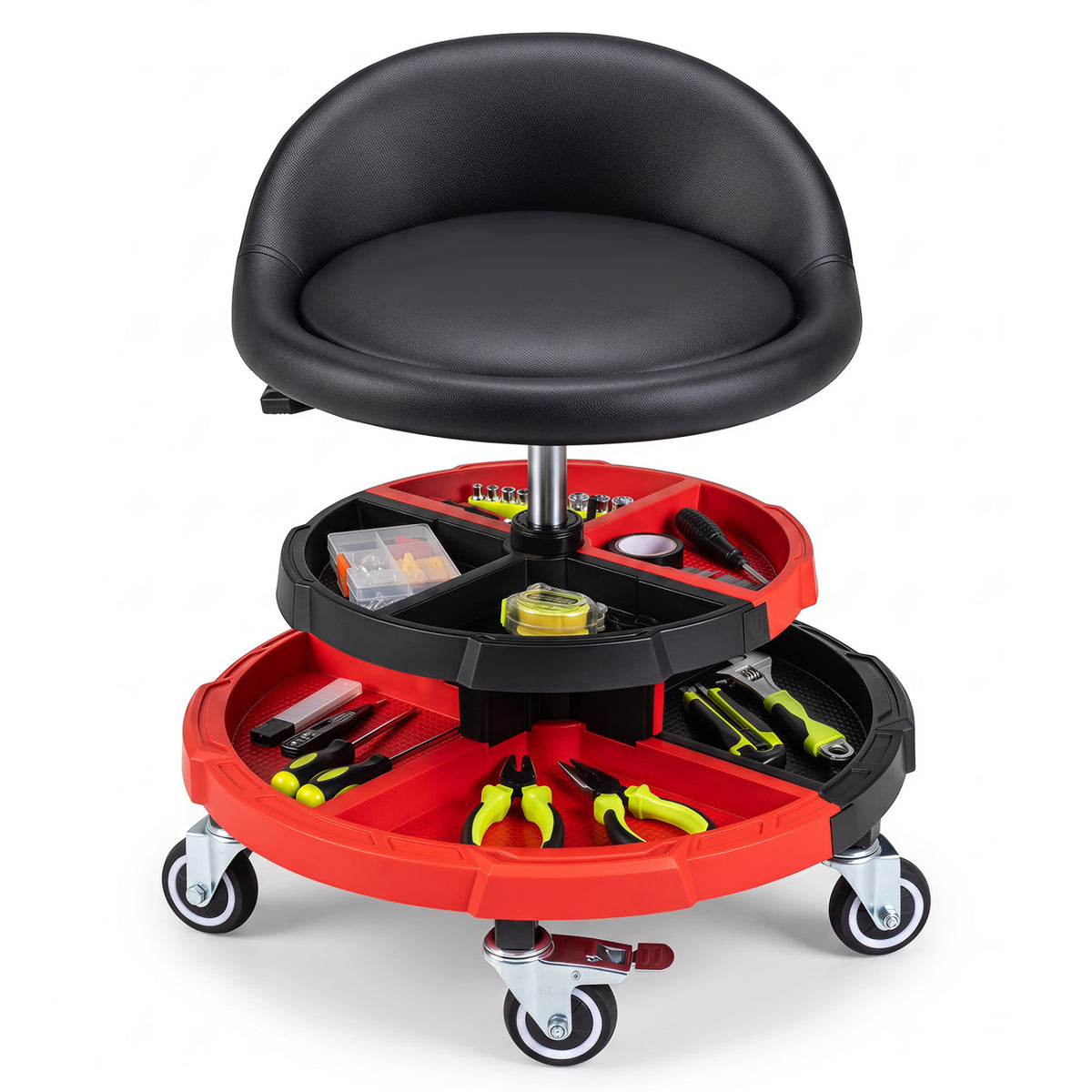 360° Rolling Mechanic Stool with 2 Tool Storage Trays-Red