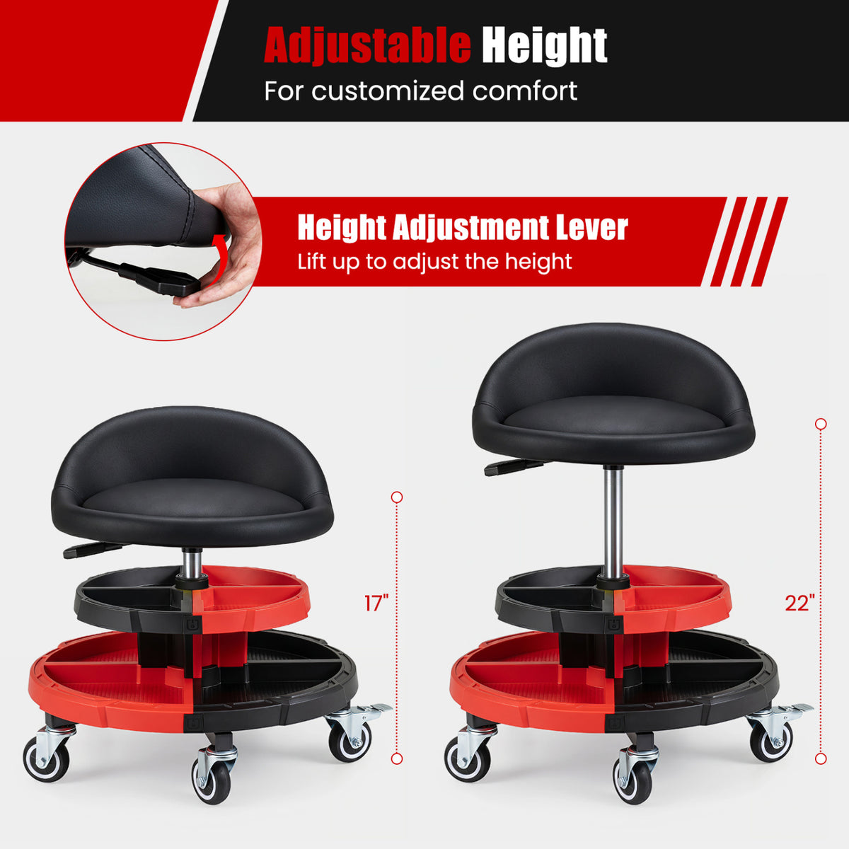 360° Rolling Mechanic Stool with 2 Tool Storage Trays-Red