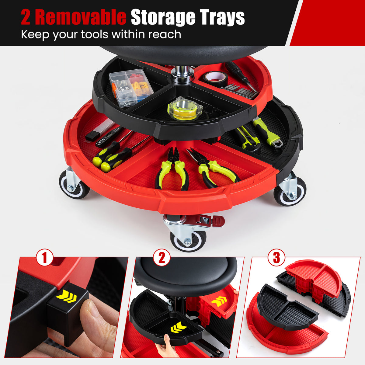 360° Rolling Mechanic Stool with 2 Tool Storage Trays-Red