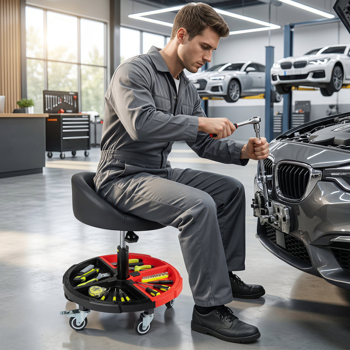 360° Rolling Mechanic Stool with 1 Tool Storage Tray-Red
