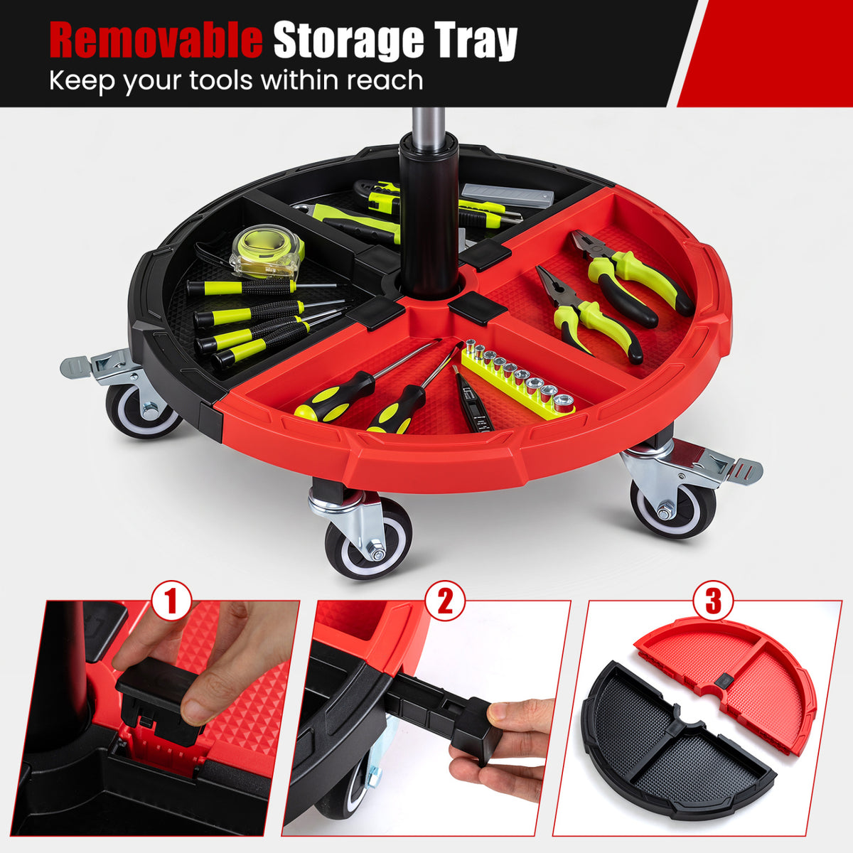 360° Rolling Mechanic Stool with 1 Tool Storage Tray-Red