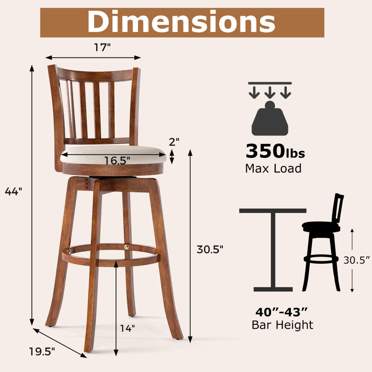 360 ° Rotating Counter Height Chairs Set of 2 with Upholstered Seat and Backrest-29 inches