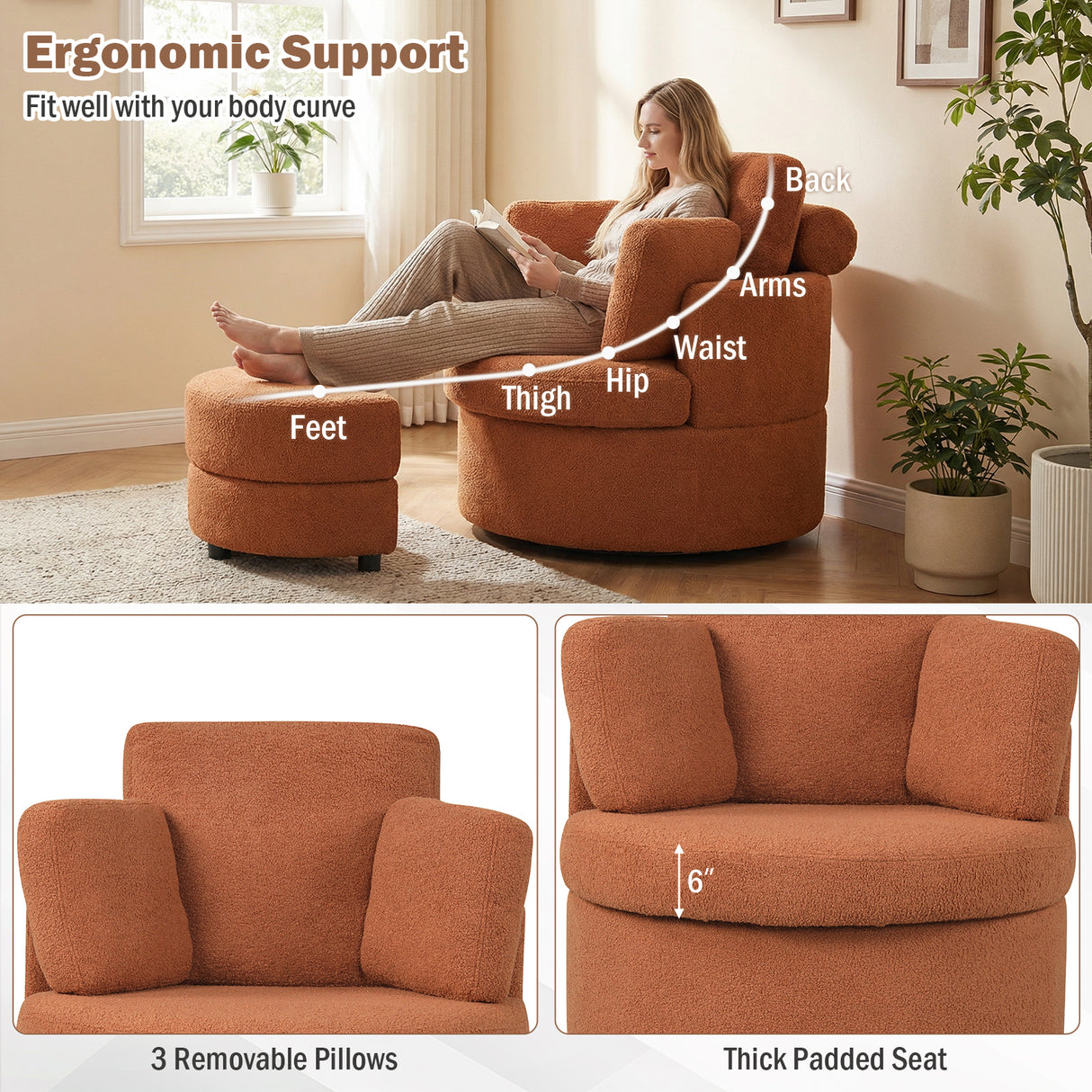 360 ° Swivel Accent Chair with Half Moon Storage Ottoman-Light Brown