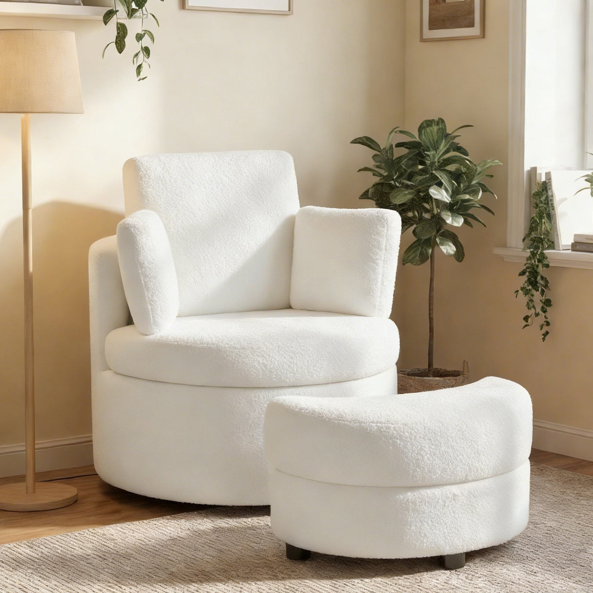 360 ° Swivel Accent Chair with Half Moon Storage Ottoman-White
