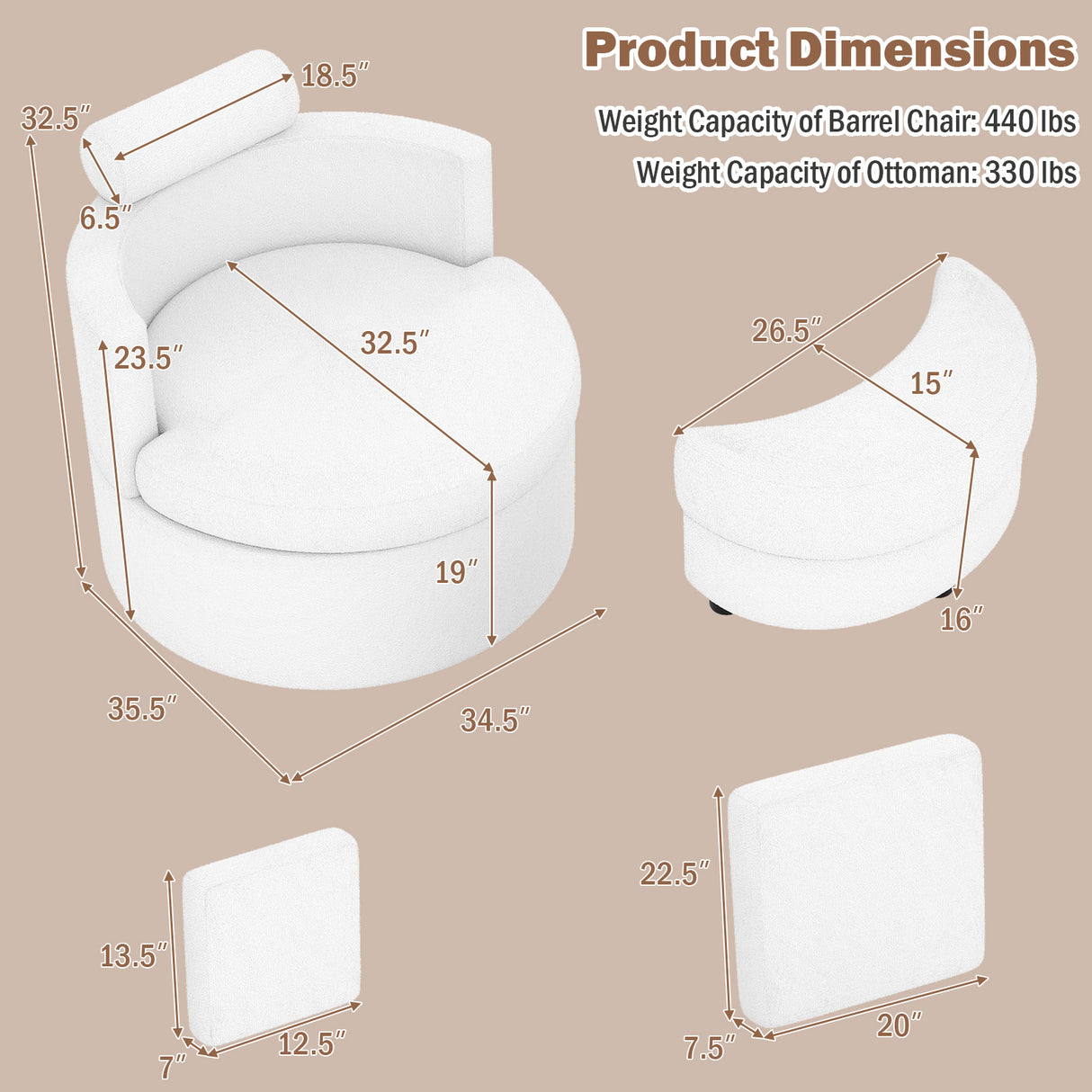 360 ° Swivel Accent Chair with Half Moon Storage Ottoman-White