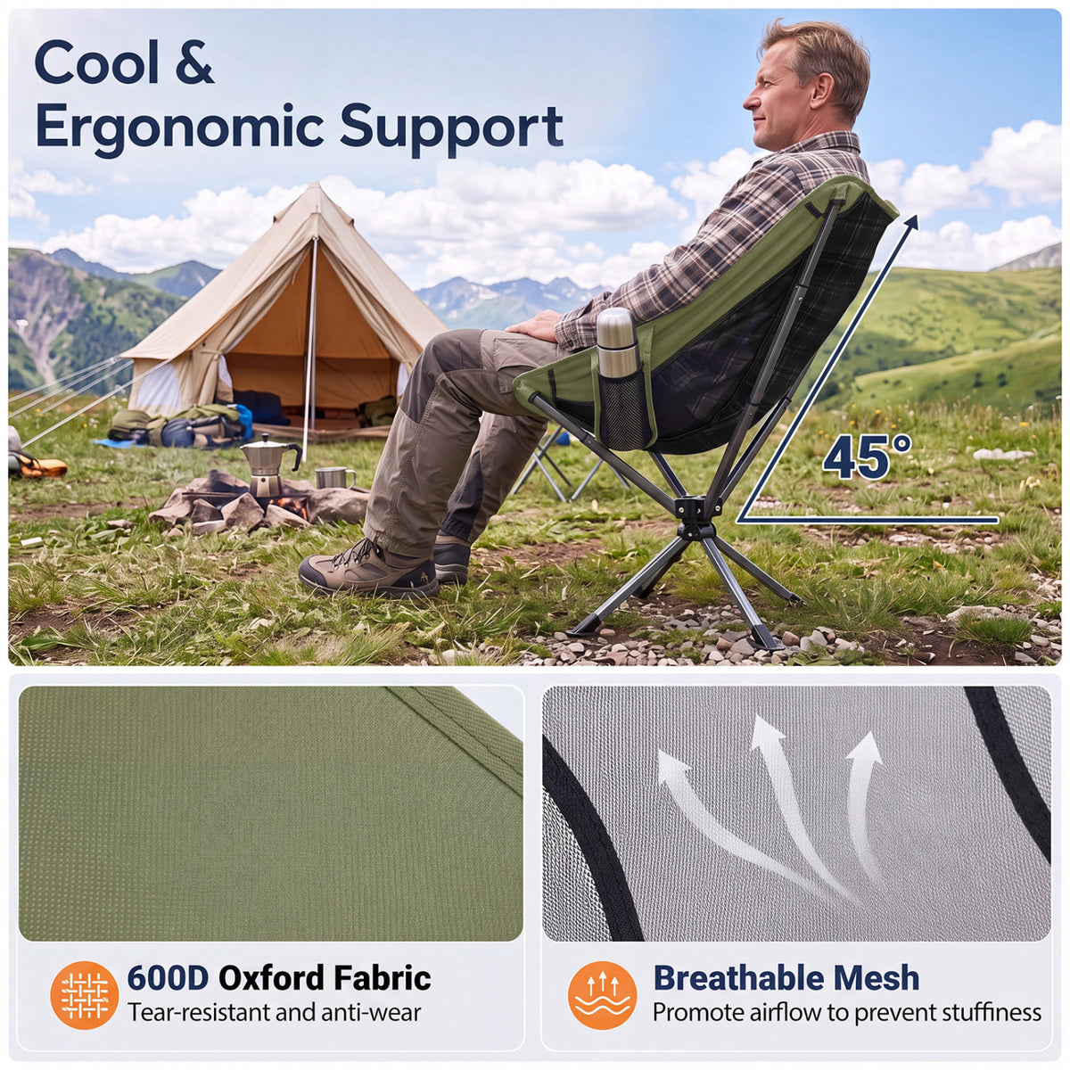 360° Swivel Camping Chair with Cup Holder and Side Pocket for Beach Support 300 LBS-Green
