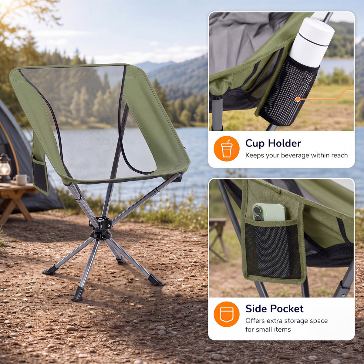 360° Swivel Camping Chair with Cup Holder and Side Pocket for Beach Support 300 LBS-Green